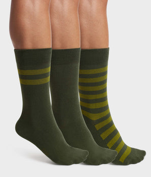 Pack of 3 Pairs of Men's Olive Stripe Socks Dim Cotton Style