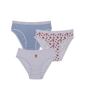 Les Pockets Pack of 3 Lilac girl's knickers in stretch cotton with strawberry pattern