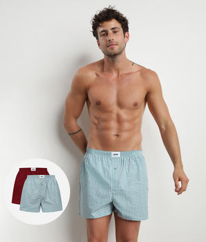 Pack of 2 men's organic cotton boxer shorts with Green Gingham pattern by Dim Green Bio