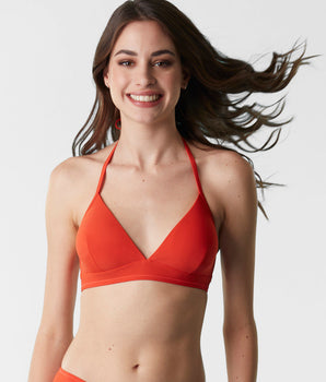 Top de bikini naranja sin aros de hilo nylon reciclado