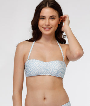 Top de bikini bandeau de punto microfibra estampado, animal print azul claro