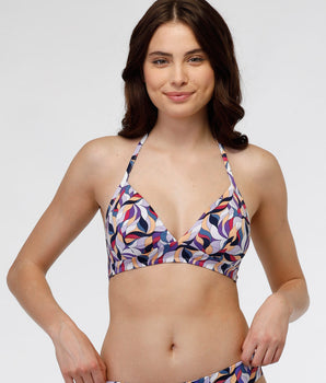 Top de bikini sin aros de microfibra brillante con estampado multicolor