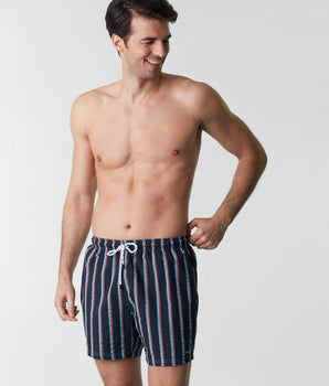 Blue swimming trunks in jacquard fabric with stripes