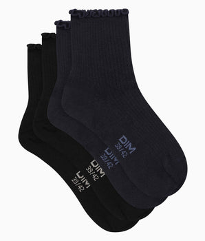 2er-Pack Damensocken mit Rüschen schwarz/dunkelblau - DIM Modal