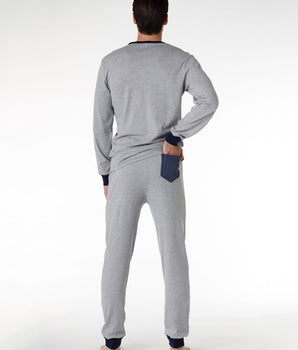 Pyjama long pour homme en coton interlock, bleu marine et imprimé