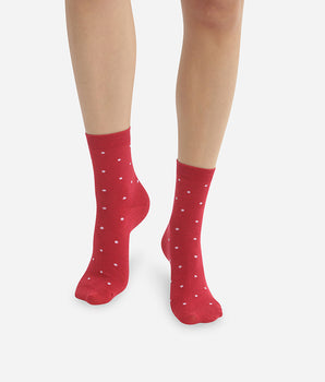 Calcetines bajos para mujer de lúrex brillante rojo frambuesa con lunares Madame Dim