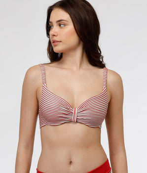 Top de bikini con aros Jaquard Refined y rayas rojas