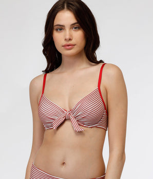 Top de bikini con aros Jaquard refinado  con lazo y rayas rojas