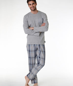 Langes Pyjama-Set grau mit Flanell-Details