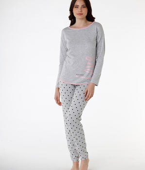 Pyjama long pour femme en jersey de coton, gris chiné