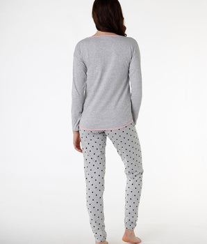 Pijama largo de mujer de punto de algodón, gris jaspeado