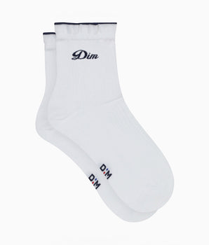 Women's white cotton ankle socks with Madame Dim's embroidered Dim signature