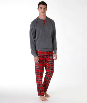 Pyjama long pour hommes en coton interlock et flanelle, gris et rouge