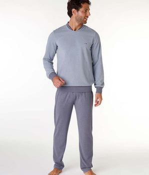 Pyjama long pour homme en tissu chaud, bleu mélangé