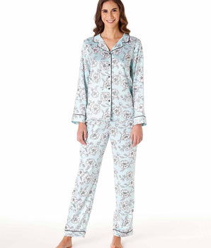 Pyjama long en satin pour femme, bleu azur