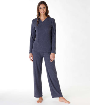 Pyjama long pour femme en côtes chaudes bleu gris