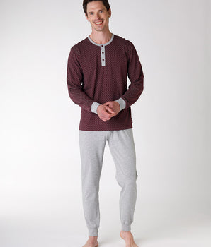 Long jersey pyjamas with burgundy print