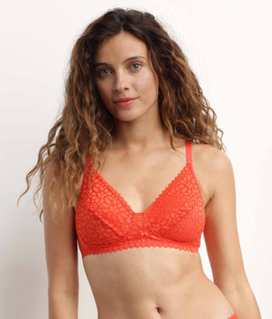 Sujetador triangular sin aros de encaje floral naranja intenso Daily Dentelle