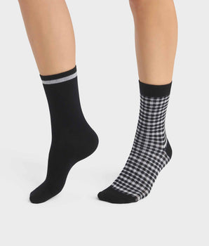 Pack de 2 pares de calcetines de mujer con estampado vichy Negro Dim Coton Style