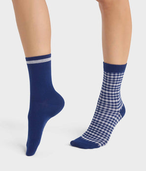 Pack of 2 pairs of women's socks with gingham pattern in Blue Dim Cotton Style