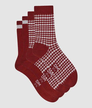 Pack of 2 pairs of women's socks with gingham pattern in red Dim Cotton Style