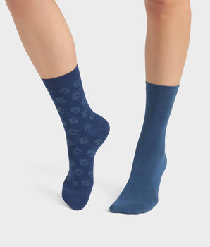 Pack de 2 pares de calcetines de mujer de viscosa con estampado floral Azul Añil Dim Bambou