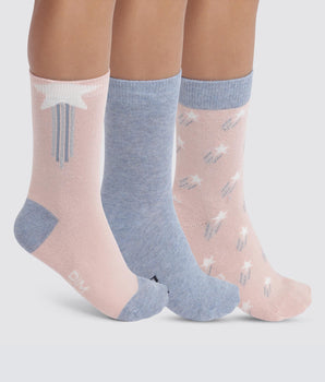 Pack de 3 pares de calcetines altos infantiles con estrellas Rosa y Denim Coton Style