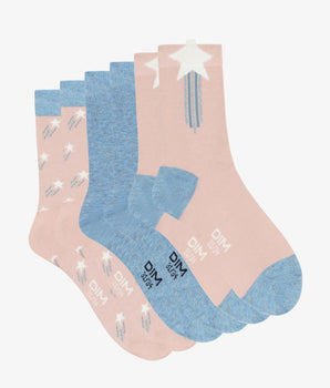 Pack of 3 pairs of children's socks with stars in Denim Pink Cotton Style