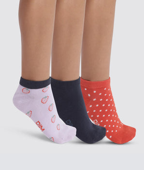 Pack de 3 pares de calcetines infantiles bajos con estampado de fresas Coton Style