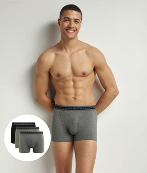 3er-Pack Herren-Boxershorts aus Bio-Baumwolle in Schwarz, Anthrazit und Grün. Dim Good