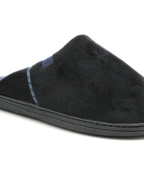 Schwarze Herrenslipper mit hellblau gestreifter Sohle