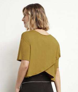 Women's sports T-shirt in olive green viscose with open back Dim Move