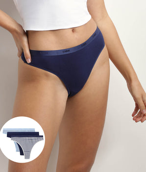 Pack of 3 blue stretch cotton thongs with stripes Les Pockets