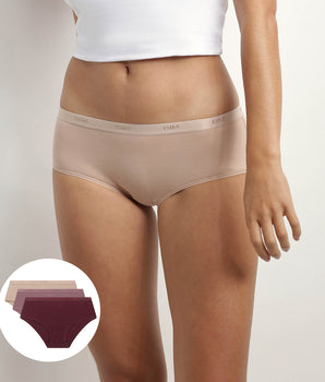 Pack de 3 culottes de algodón elástico Burdeos, Violeta y Nude Les Pockets Ecodim