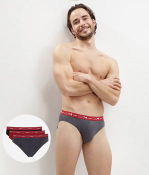 Pack de 3 slips gris, rojo chile y negro Coton Stretch