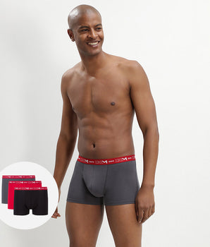 Pack of 3 pairs of Coton Stretch grey, chilli red and black trunks