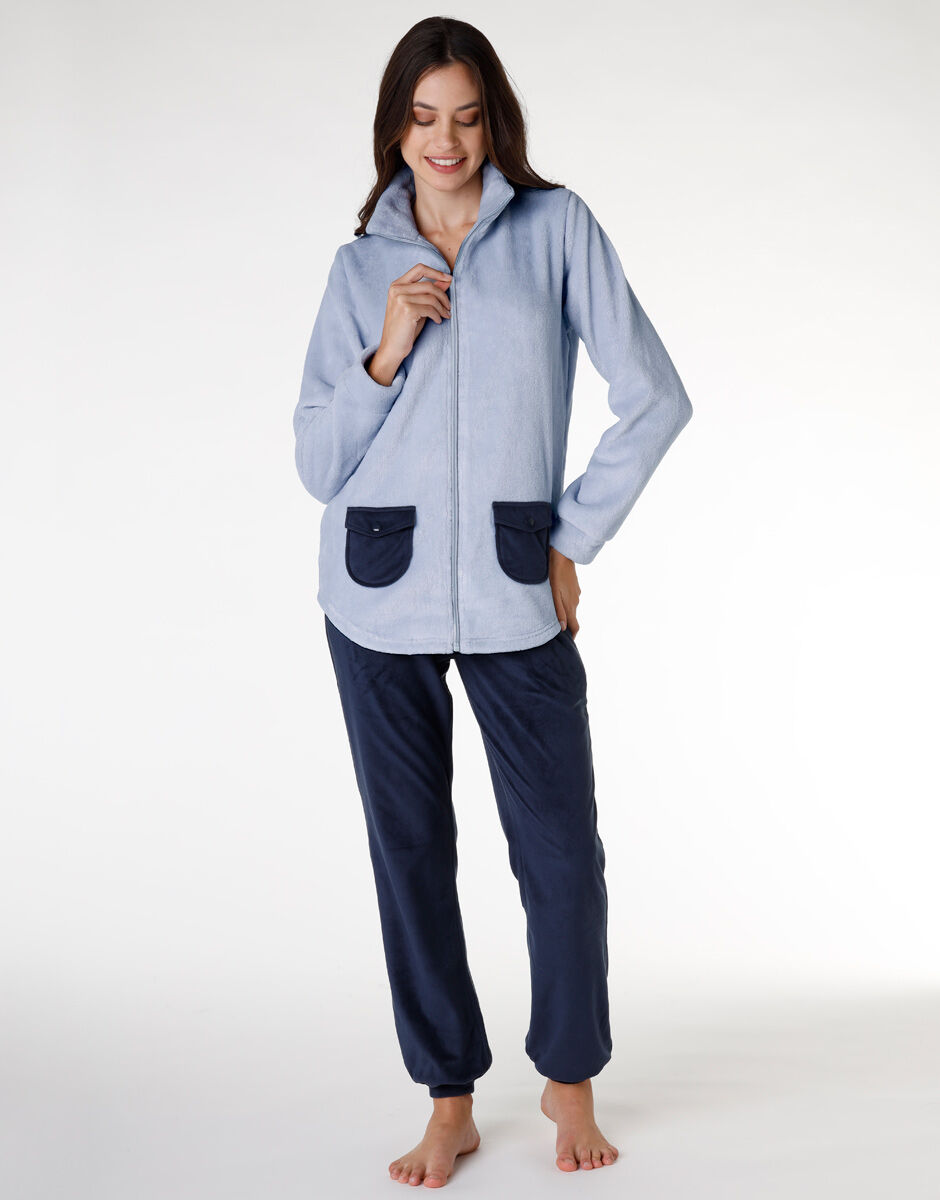 Ladies loungewear set long in faux fur blue