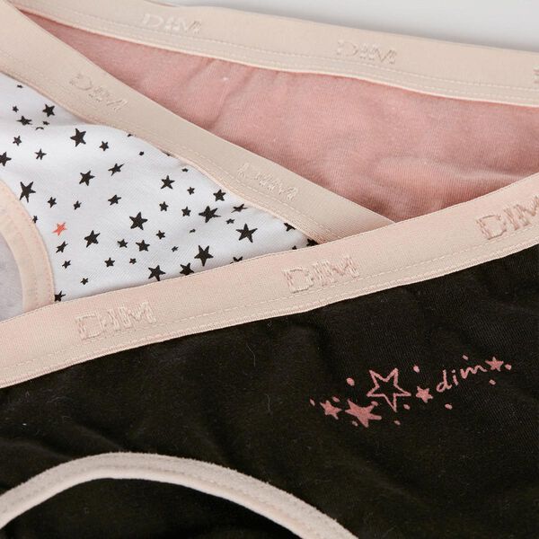 Pack of 3 girls' Pink Les Pockets stretch cotton knickers with a star  pattern