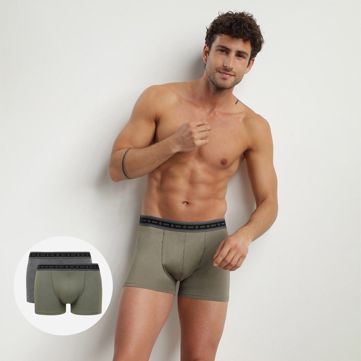 Pack of 2 men s Charcoal and Green organic stretch cotton boxers by Dim Green Bio