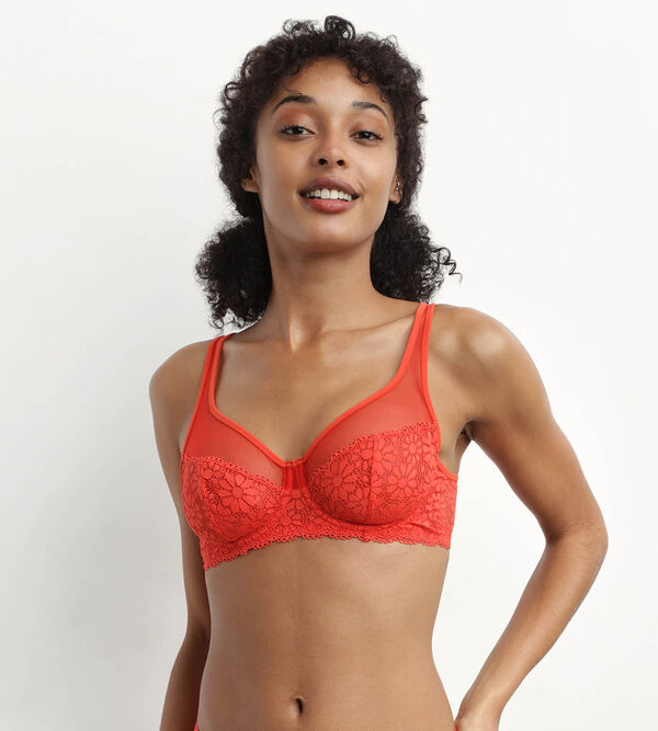 Underwired demi-cup bra transparent tulle pattern embroidery