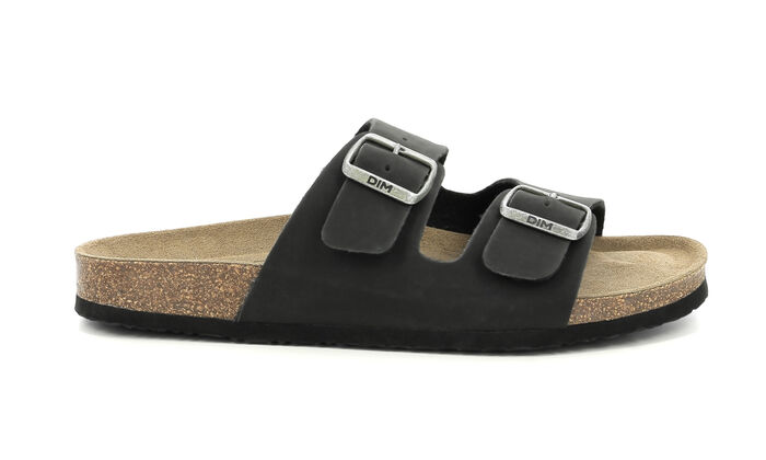 Pair of black men's mules in leather and cork, , DIM