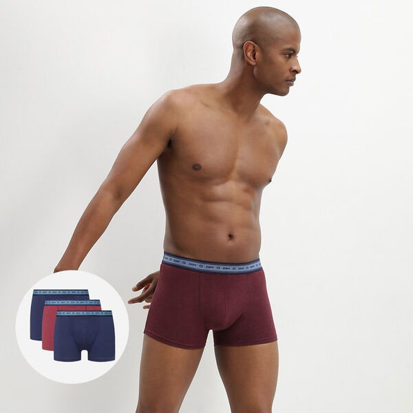 Green by Dim pack of 3 men's organic stretch cotton trunks in wine red and  denim blue