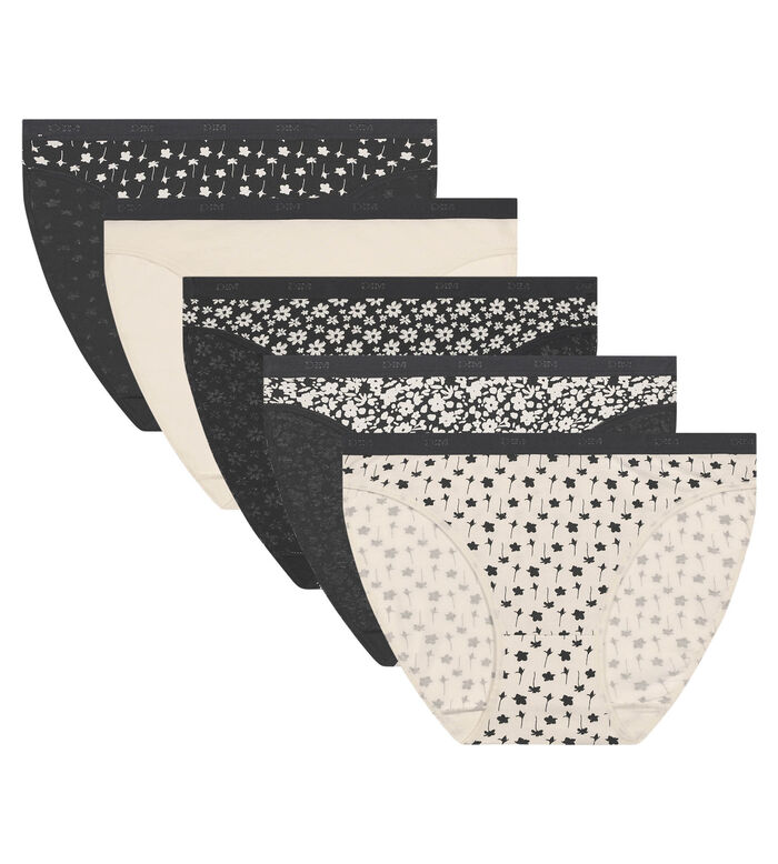 5er-Pack Slips aus Stretch-Baumwolle schwarz/ecru-weiß mit Blüten - Pockets, , DIM