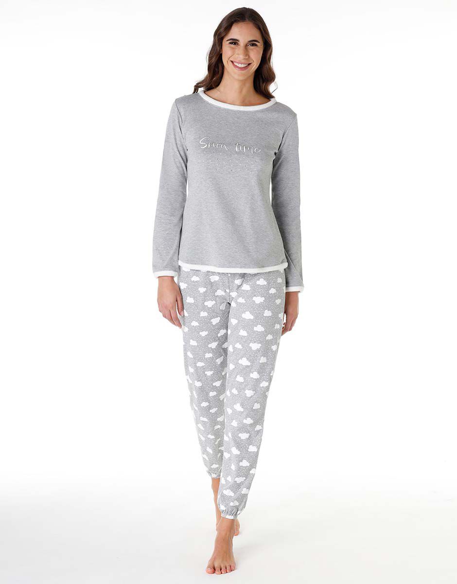 Pyjama femme long en coton interlock gris m lang avec imprim