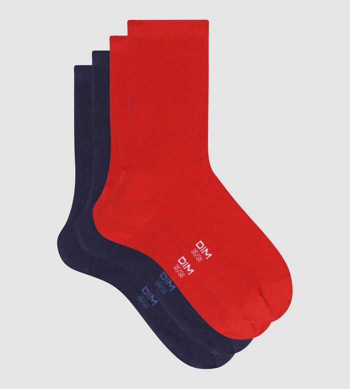 Pack of 2 pairs of women's socks in Poppy and Navy Dim Cotton, , DIM