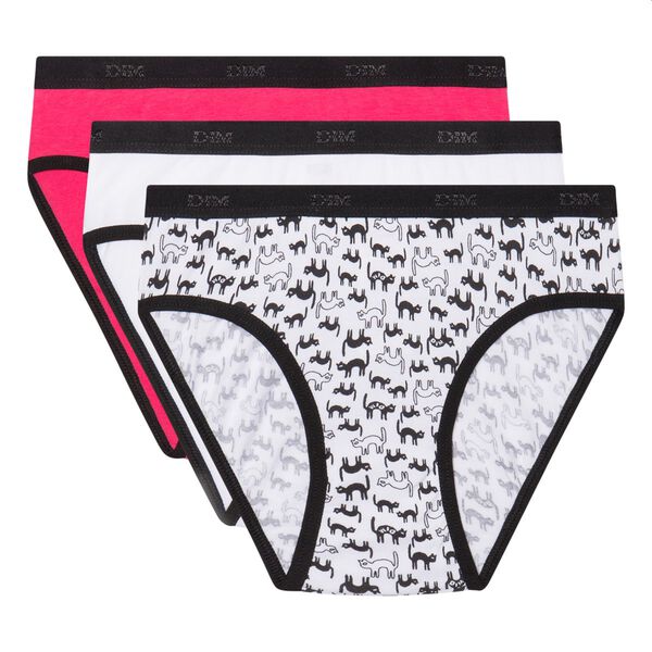 Les Pockets set of 3 girls' stretch cotton briefs with cat print Black Pink