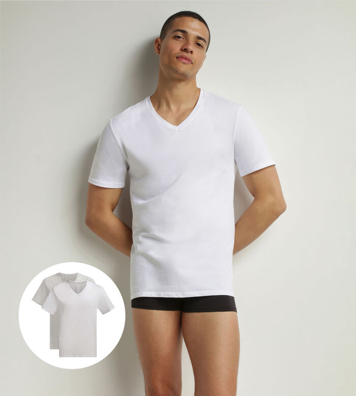 2er-Pack weiße/perlgraue Herren-T-Shirts aus Bio-Baumwolle mit V-Ausschnitt - DIM Good, , DIM