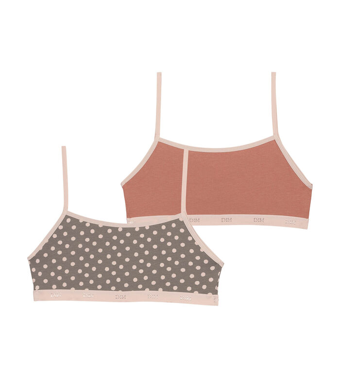 Pack of 2 girl's bras in pink stretch cotton with polka dot pattern Les Pockets, , DIM