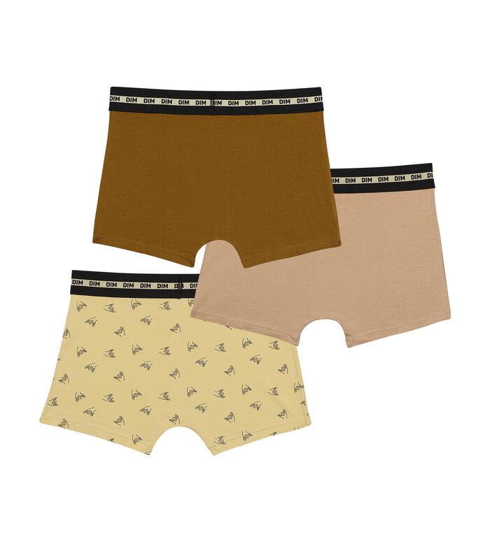 Pack of 3 fun-patterned boys' boxer shorts Olive Brown Dim Stretch Cotton, , DIM