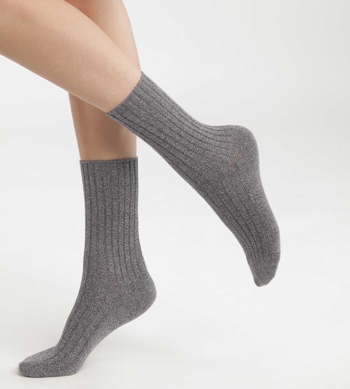 Women's plain rib knit socks Heather Grey Dim Bamboo, , DIM
